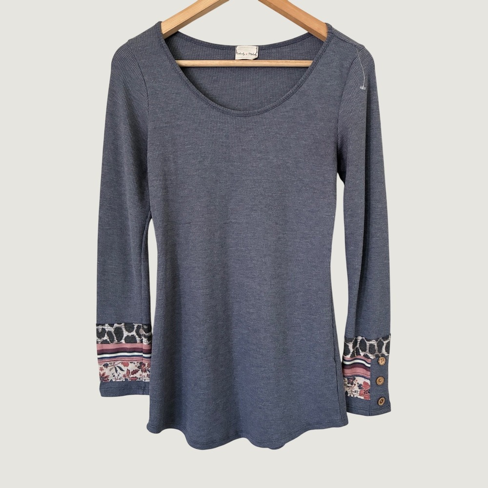 Lovely Melody Womens Blue Waffle Knit Thermal Patchwork Cuff Top Medium